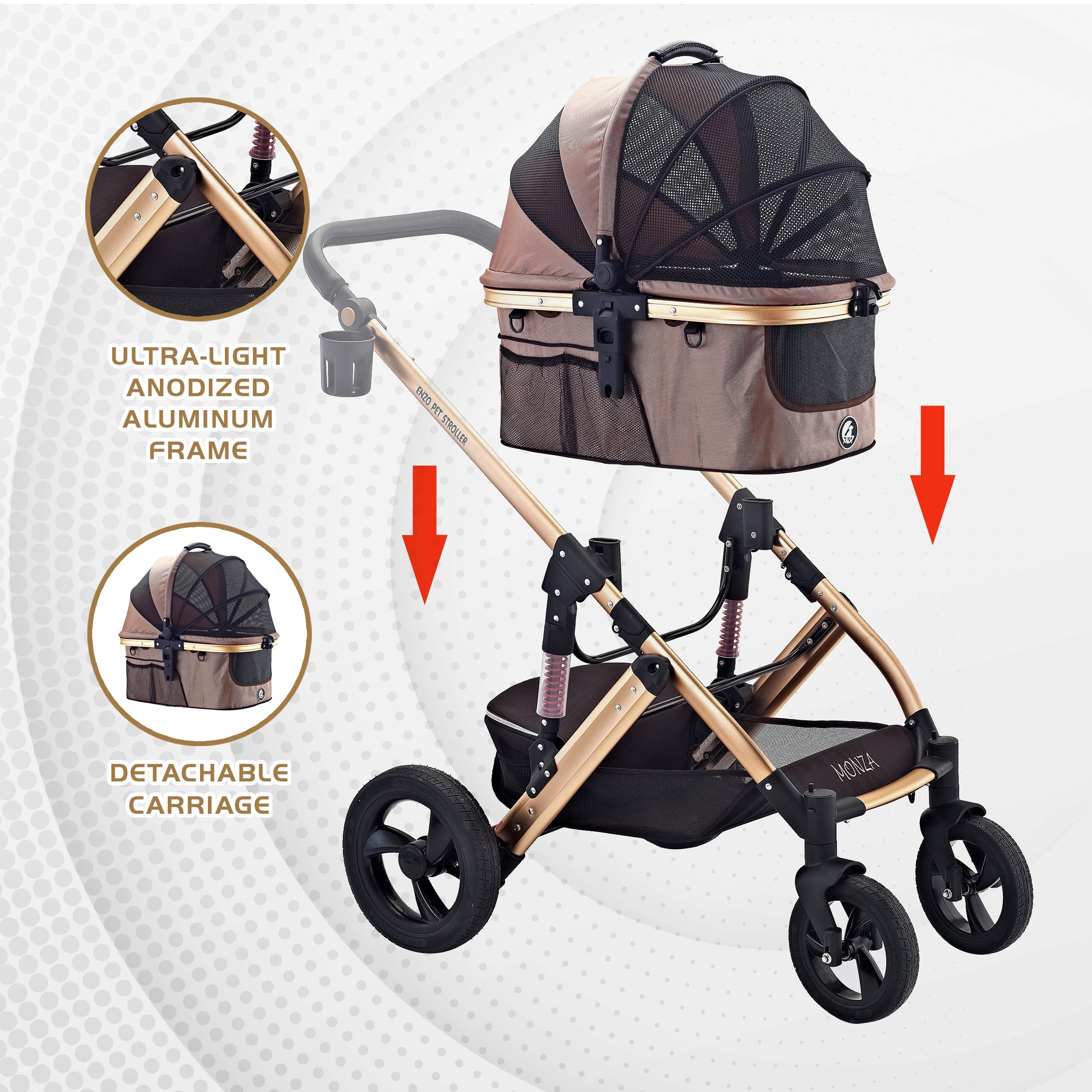 Monza Luxury 3-in-1 Travel Pet Stroller: Ultimate Convenience for Small/Medium Dogs & Cats - Detachable Carrier, Pump-Free Tires, Aluminum Frame!