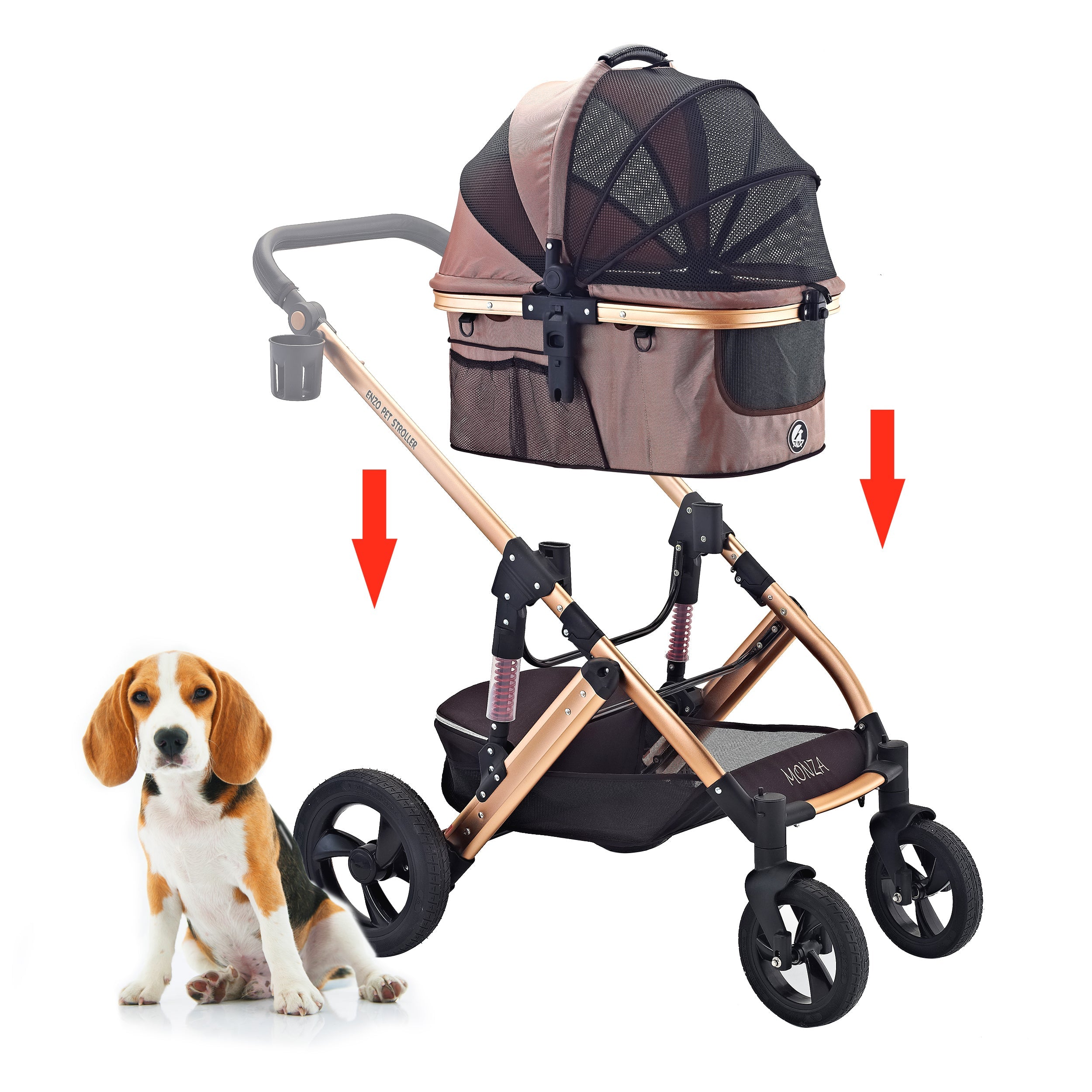 Monza Luxury 3-in-1 Travel Pet Stroller: Ultimate Convenience for Small/Medium Dogs & Cats - Detachable Carrier, Pump-Free Tires, Aluminum Frame!