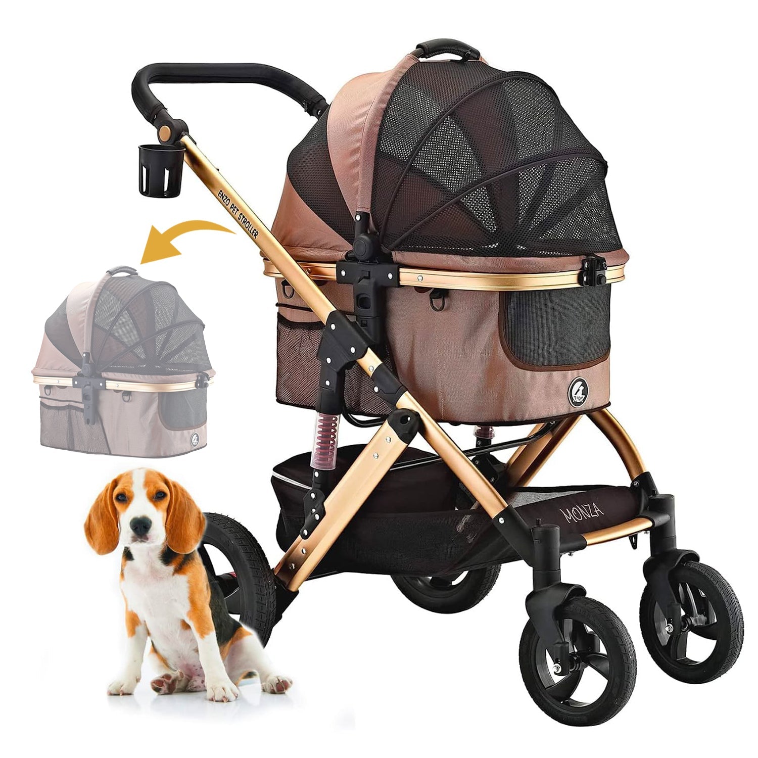 Monza Luxury 3-in-1 Travel Pet Stroller: Ultimate Convenience for Small/Medium Dogs & Cats - Detachable Carrier, Pump-Free Tires, Aluminum Frame!