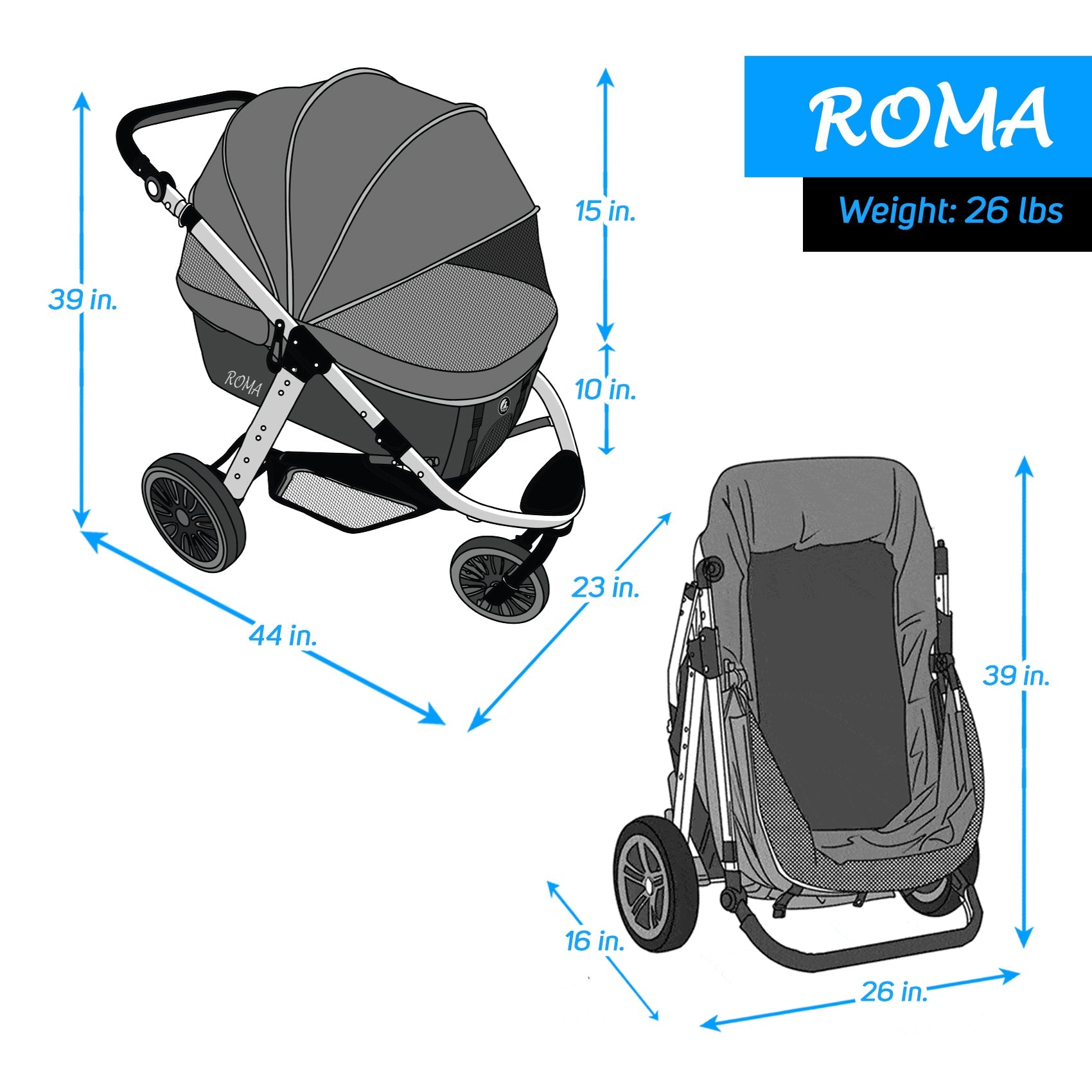 Roma Performance Jogging Sports Stroller: The Perfect Companion for Active Small/Medium Dogs, Cats, and Pets up to 50lbs!