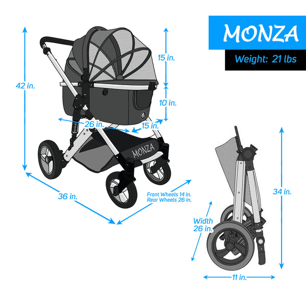 Monza Luxury 3-in-1 Travel Pet Stroller: Ultimate Convenience for Small/Medium Dogs & Cats - Detachable Carrier, Pump-Free Tires, Aluminum Frame!